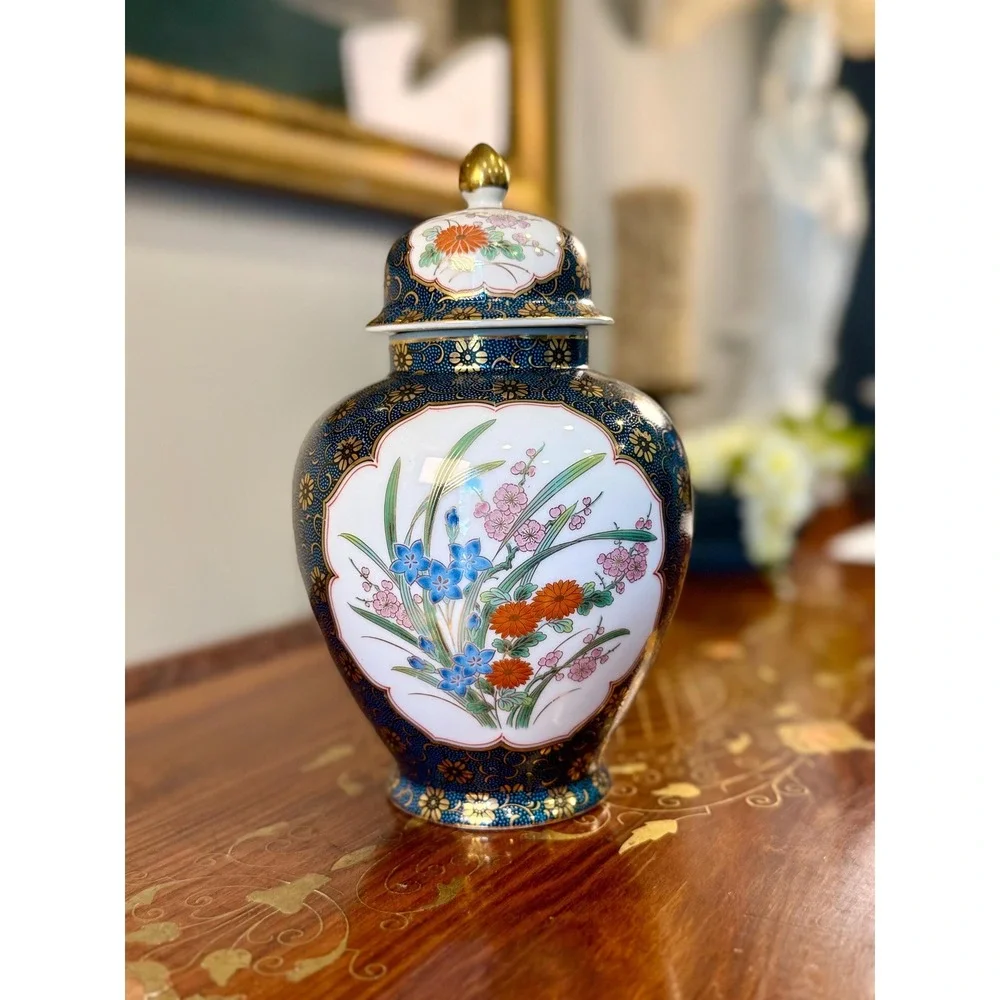 Vintage Japanese Ginger Jar • Cobalt Blue Gold Floral Imari Style Porcelain